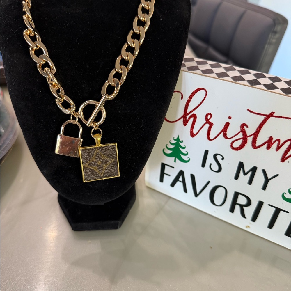Up cycled Gold Chain Necklace LV with Lock and Square Pendant